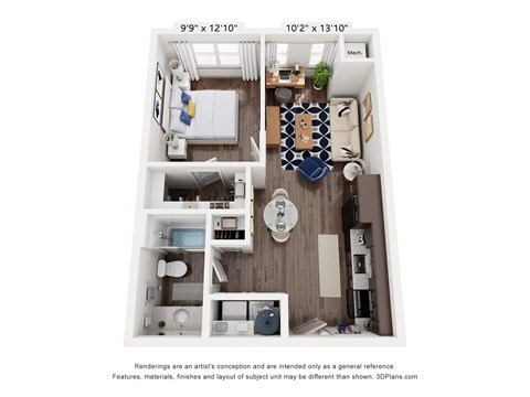 Floor plan for 1 bed, 1 bath, 607 sqft